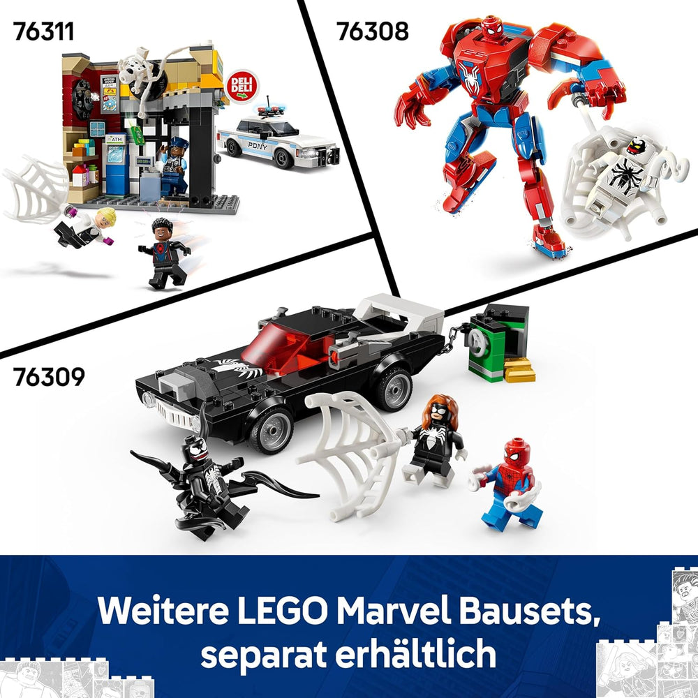 LEGO | Marvel Spider-Man Mech Vs. Venom Muscle Car – Auto Spielzeug mit 3 Superhelden Minifiguren – Modellauto mit Shootern – Geschenk für Jungen und Mädchen ab 7 Jahren 76309