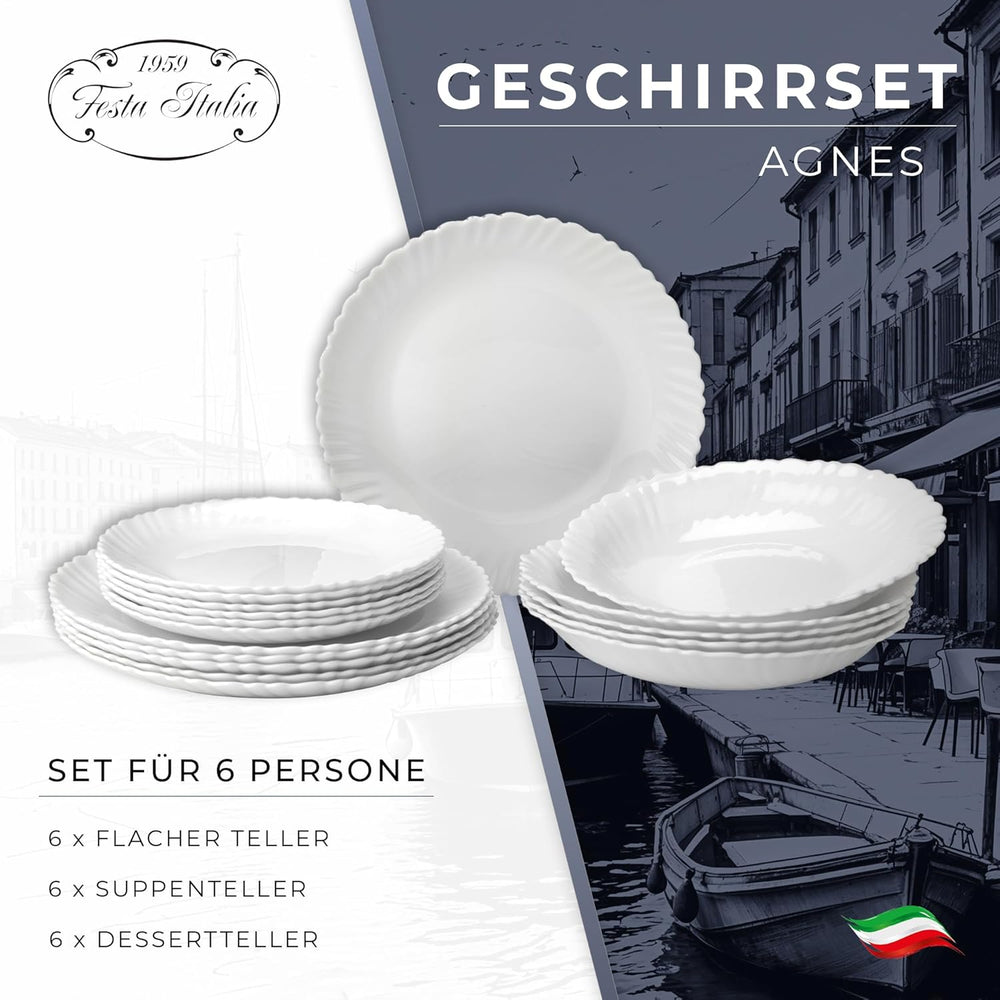 Set de veselă pentru 6 persoane - 18 piese - Set de farfurii din sticlă opal - Set de veselă albă - Set de bol și farfurie - Veselă modernă - Farfurii - Serviciu de masă - Set de veselă pentru 6 persoane