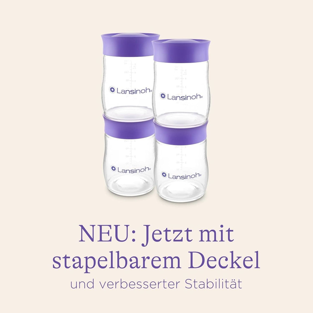 Lansinoh Muttermilchflaschen, 4 X 160 ml – Zur sicheren Muttermilch-Ausstellung – Neues kompaktes Design für verbesserte Stabilität – mit stapelbarem Deckel