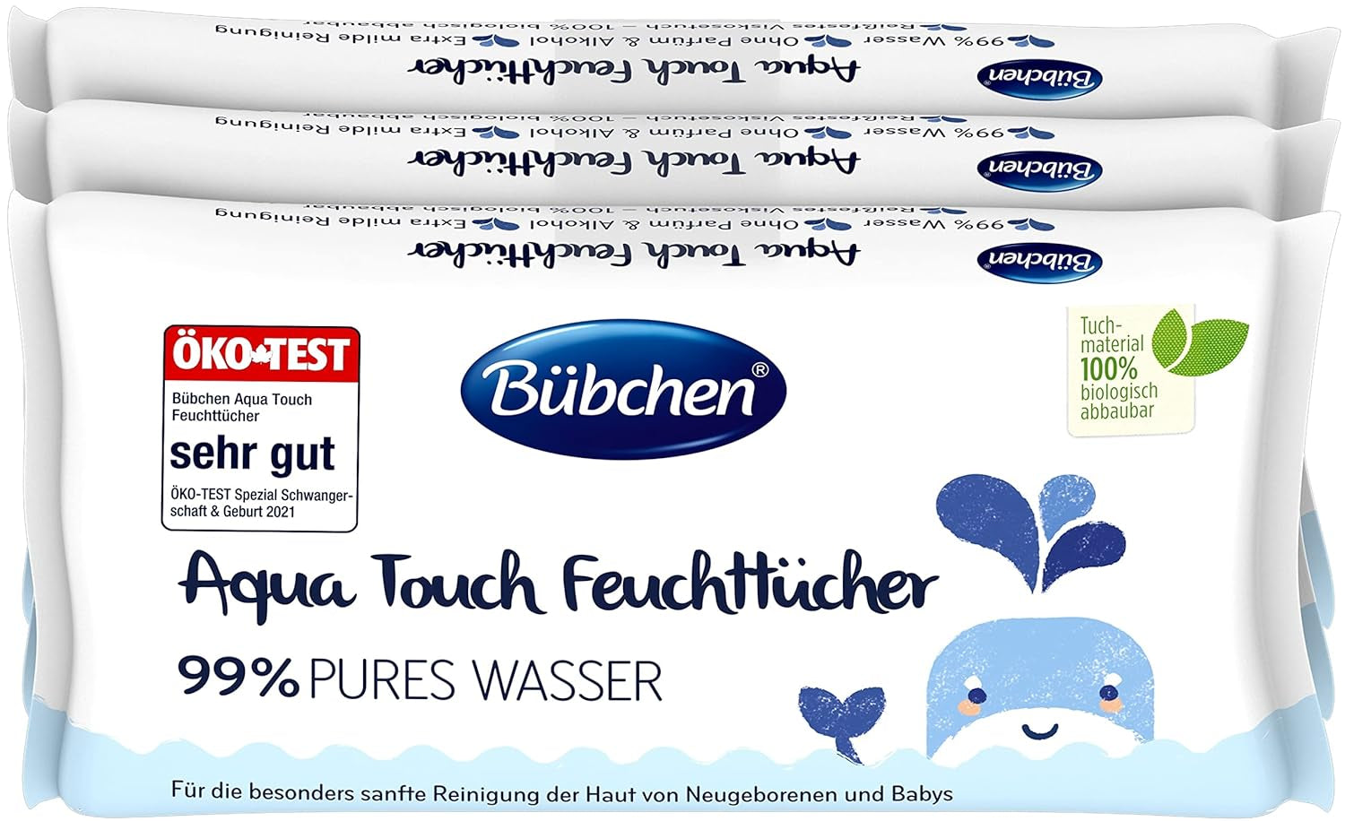 Bübchen Aqua Touch Baby Feuchttücher 144 Stück (3 x 48) – Pflegetücher für empfindliche Haut mit 99 % reinem Wasser, Feuchttücher für Neugeborene und Babys