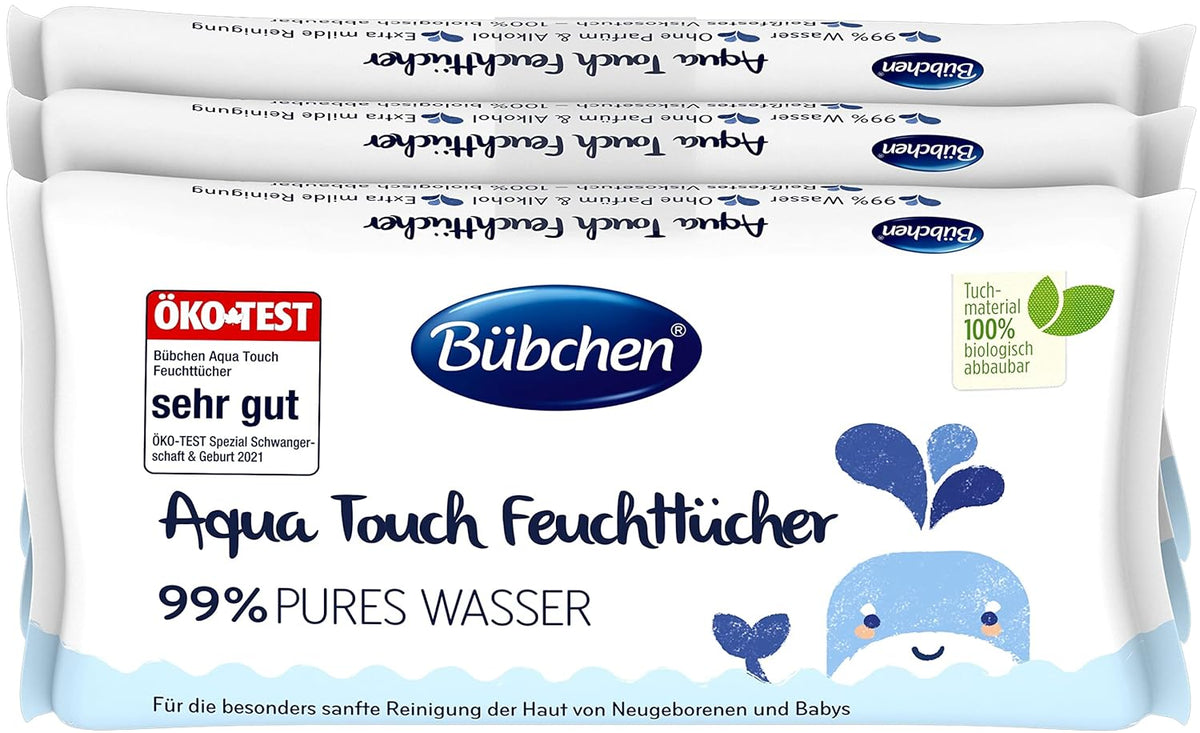 Bübchen Aqua Touch Baby Feuchttücher 144 Stück (3 x 48) – Pflegetücher für empfindliche Haut mit 99 % reinem Wasser, Feuchttücher für Neugeborene und Babys