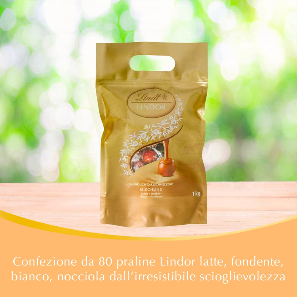 Sortiment Lindt Schokolade LINDOR | 1371 g, Klassisch | ca. 80 Kugeln Schokolade (Milch, Weiß, Zartbitter 60 %, Haselnuss) | Großpackung, 1 kg