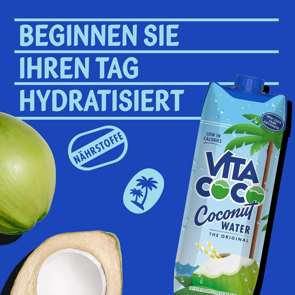 Vita Coco Pure Coconut Water 6 x 1 Liter, natürliche Feuchtigkeitscreme mit Elektrolyten, glutenfrei, voller Vitamin C und Kalium Naty Shop