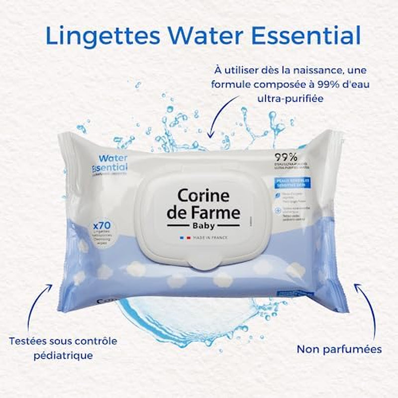 - Change Water Essential Babytücher x70 - Toilettenartikel aus Pflanzenfasern - 99 % hochreines Wasser - Hygiene von Geburt an - Wiederverschließbarer Deckel