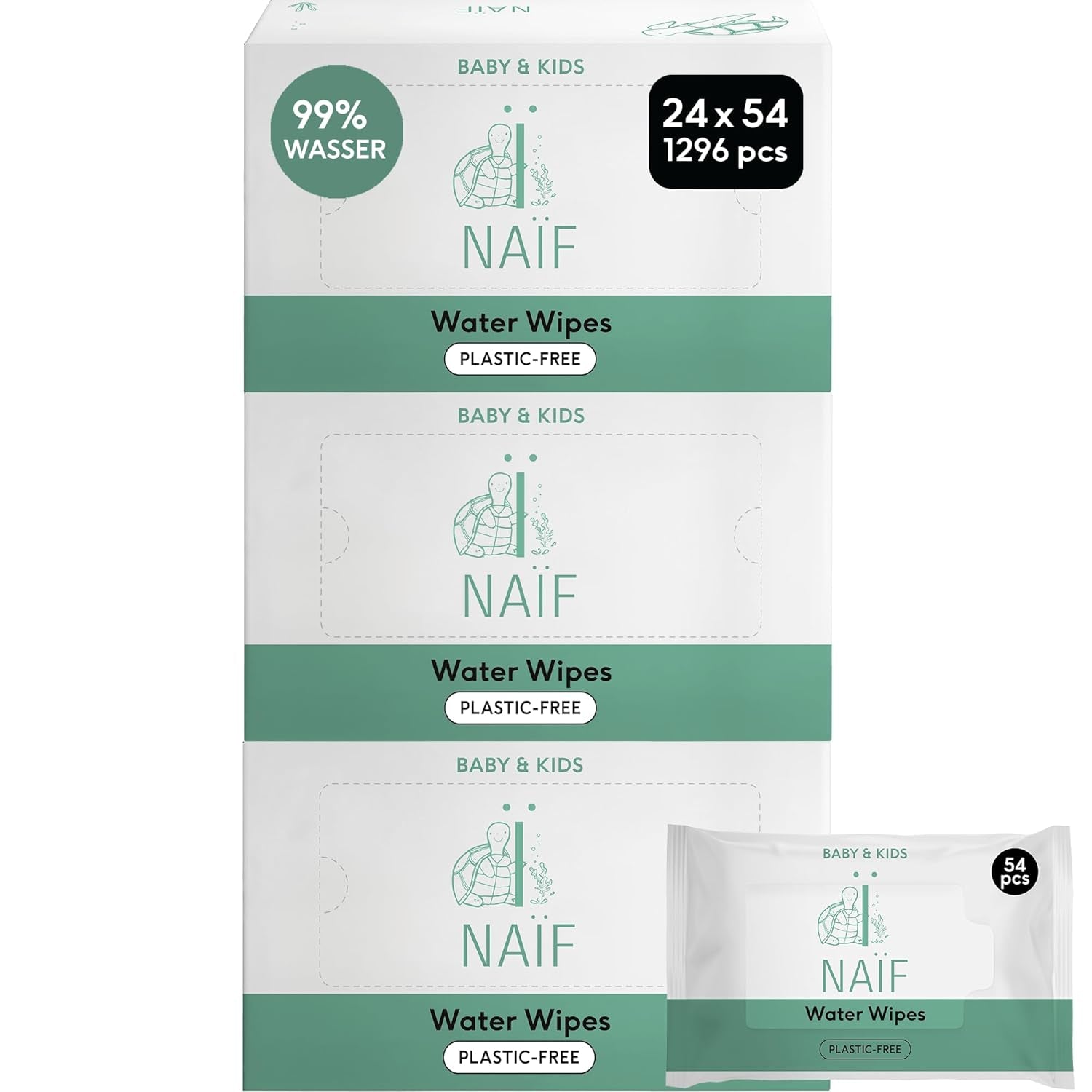 Naïf Baby-Feuchttücher ohne Plastik, 54 Stück (1 Packung x 54 Stück) – für Po, Körper und Gesicht des Babys – natürliche Inhaltsstoffe