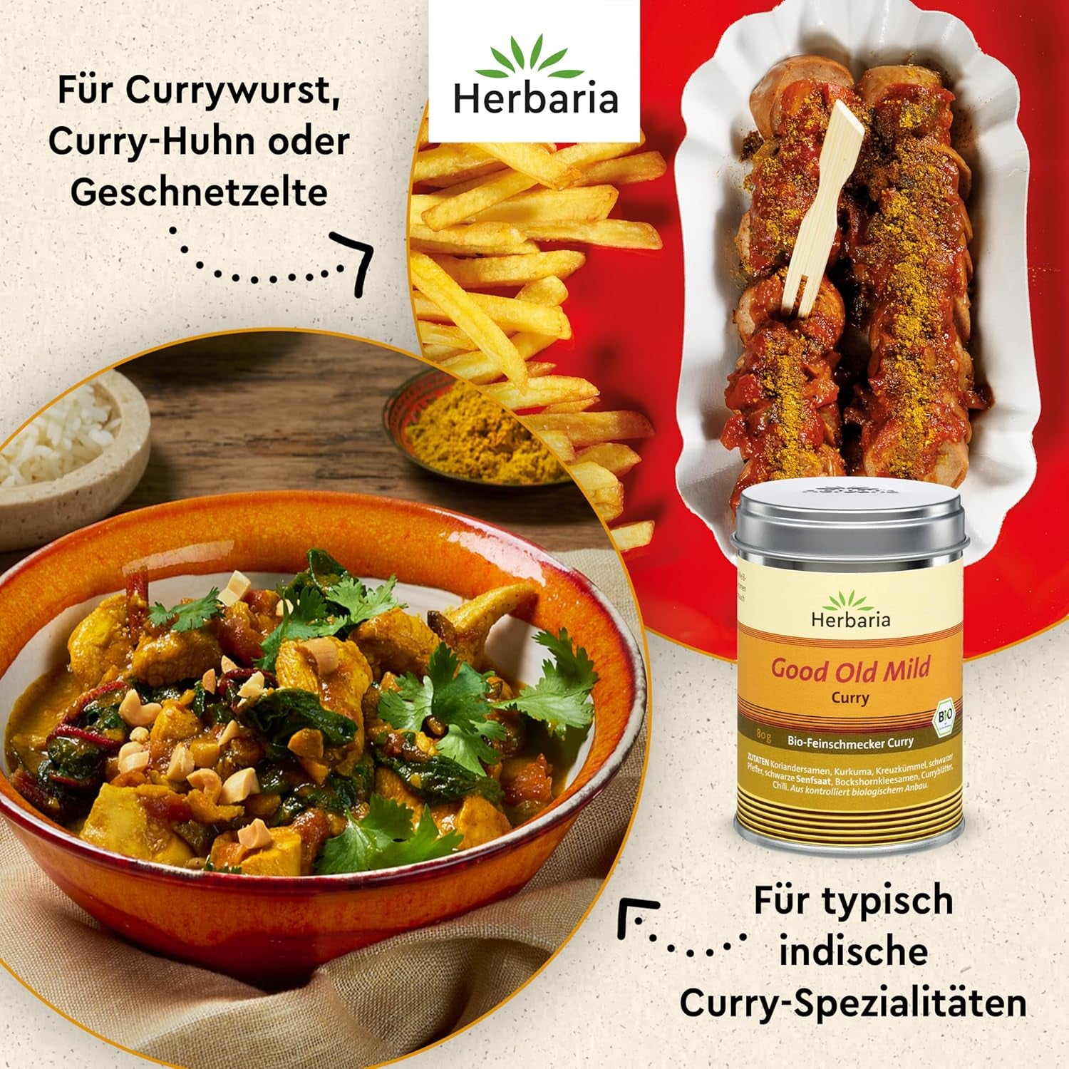 Herbaria Good Old Mild Curry bio 80g M-Dose – Currypulver, Currymischung - Bio-Gewürzmischung für klassische Curry-Spezialitäten z.B. Currywurst – erlesene Zutat in nachhaltiger Aromaschutz-Dose