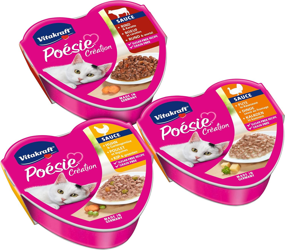 Vitakraft Poésie Création, Tender Selection, Hrană umedă pentru pisici, Hrană umedă pentru pisici în sos, cu pui, cu curcan, cu vită, fără adaos de zahăr și cereale (1 pachet de 6 x 85g)