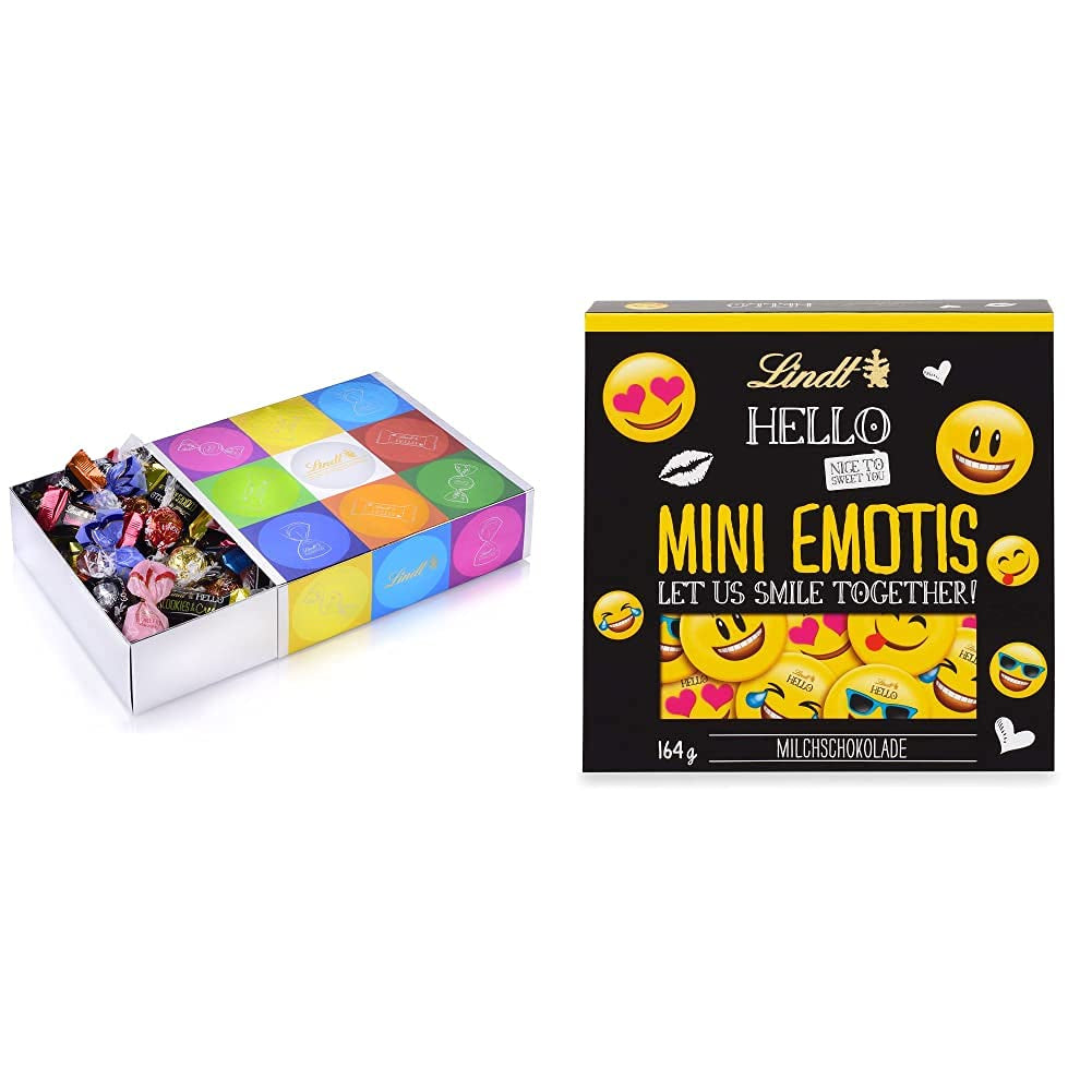 Schokoladensortiment (37 LINDOR Kugeln, 24 Hello Mini Sticks, 10 Mini Fioretto), Schokoladengeschenk (1 x 815 g) und HELLO Mini Emoti, Milchschokolade in 5 Emoticon-Designs, 164 g