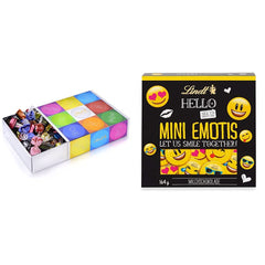 Schokoladensortiment (37 LINDOR Kugeln, 24 Hello Mini Sticks, 10 Mini Fioretto), Schokoladengeschenk (1 x 815 g) und HELLO Mini Emoti, Milchschokolade in 5 Emoticon-Designs, 164 g