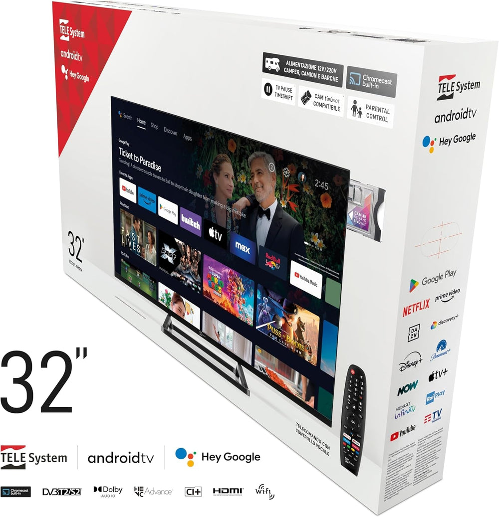 Smart TV 32" TS32FL SMG14, Android TV, DVB-T2/S2, Google Cast/Chromecast, Google Assistant, tivùsat HD, HbbTV, Pauză TV, Telecomandă vocală, 12V/220V pentru acasă, autorulotă, barcă