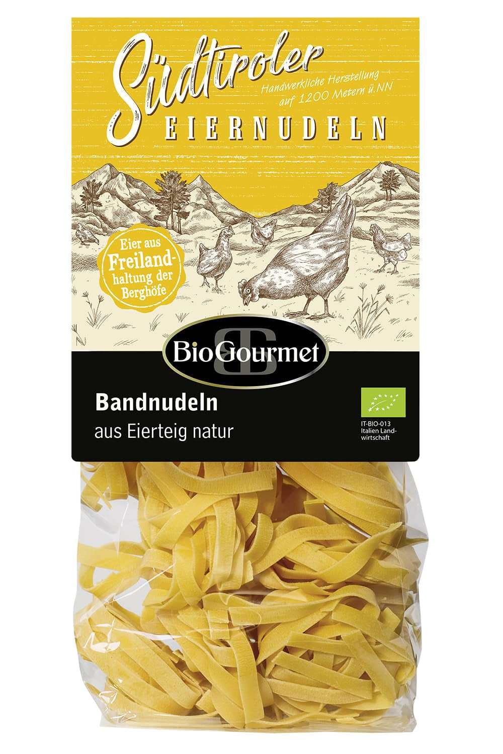 BioGourmet Bandnudeln mit Schüttelbrot aus Südtirol (g.g.A.) | Gesalzene und aromatisierte Eiernudeln mit echtem Südtiroler Speck | 1 x 250g Bio