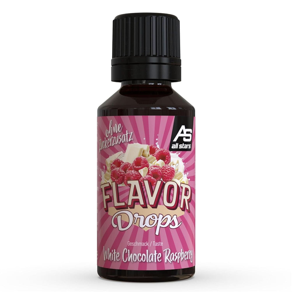 ALL STARS Flavour Drops, aromatisierte Drops ohne Zuckerzusatz und ohne Kalorien – Süße und Geschmack für Lebensmittel, 30 ml Süßstoffe Naty Shop Weiße Schokolade mit Himbeere 30 ml