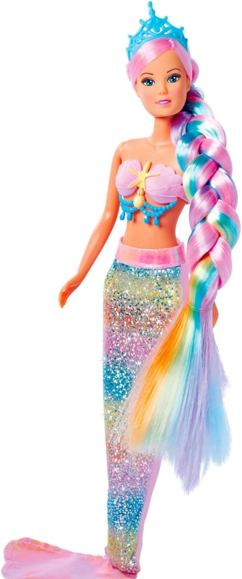 Simba 105733610 - Steffi Love Rainbow Mermaid, Ankleidepuppe als Regenbogen Meerjungfrau mit bunten Haaren, Haarclips, Kamm und Abnehmbarer Flosse, 29cm Spielpuppe, ab 3 Jahren