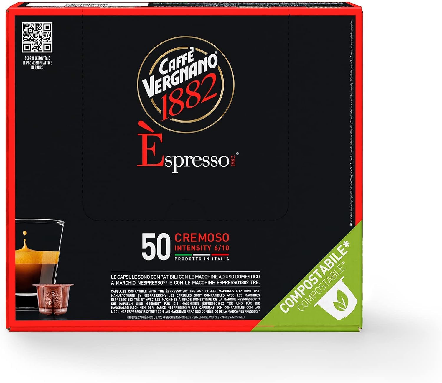 Caffè Vergnano 1882 - Èspresso Kompostierbare Kaffeekapseln, Kompatibel Mit Nespresso, Cremoso (Cremig) - Packung Enthält 50 Kapseln