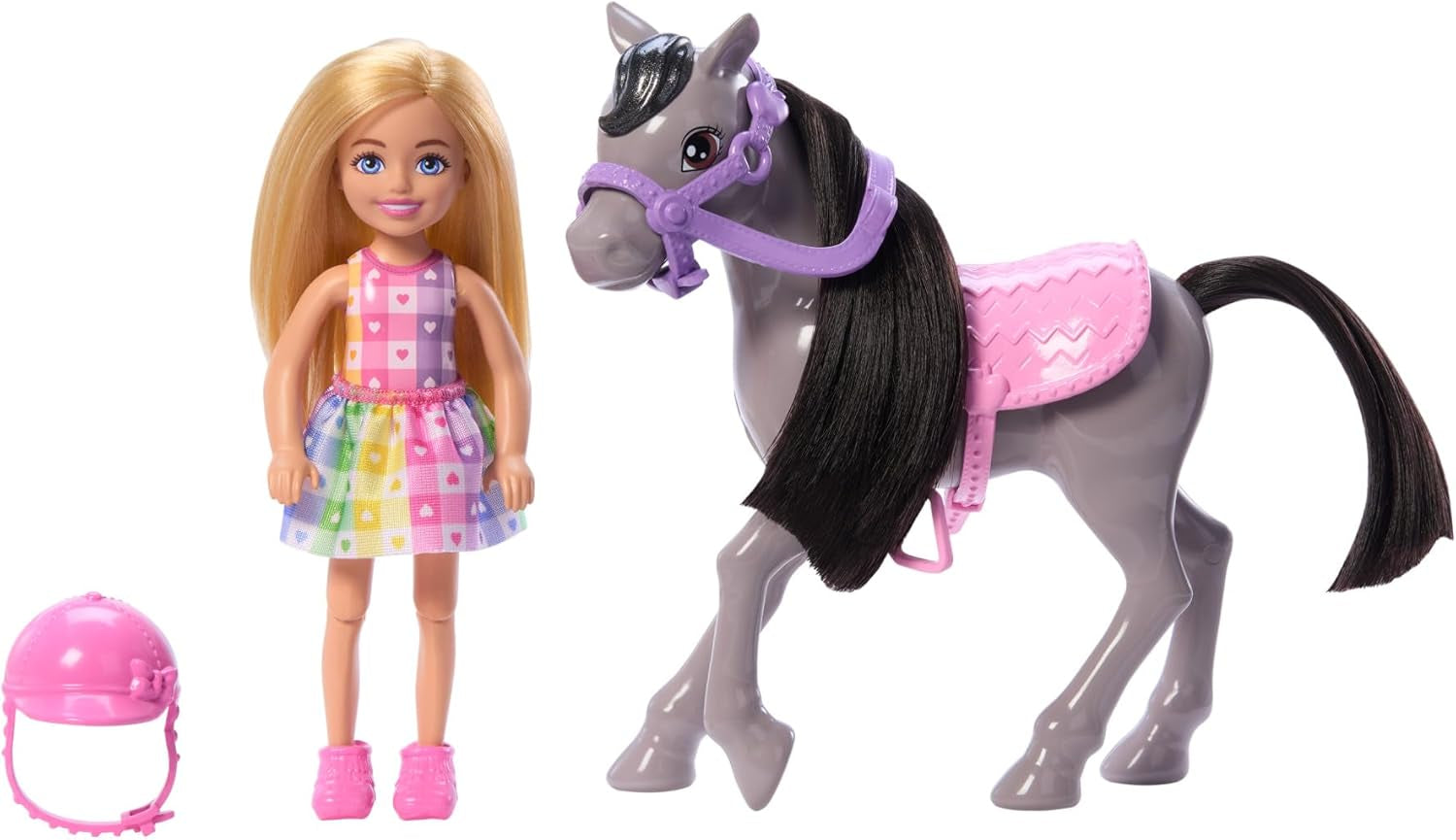 Barbie Chelsea und Pony-Puppe und Ponys – reiten beim Spielen, um sicher auf dem Pferd zu sitzen, rosa Sattel und Stöcke, inklusive Helm und süßem karierten Kleid, ab 3 Jahren, HTK29 Naty Shop-Puppen