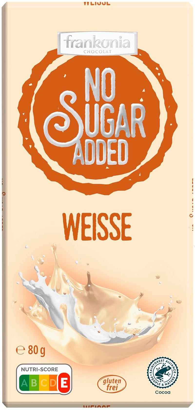 frankonia SCHOKOLADE OHNE ZUCKERZUSATZ Glutenfreie weiße Schokolade, 80 g