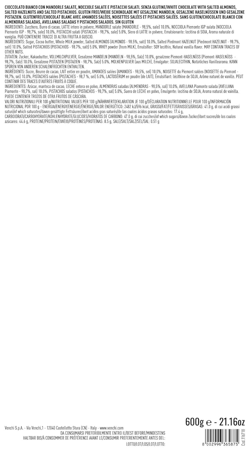 Venchi – Maxiriegel aus weißer Schokolade, gesalzen, 600 g, glutenfrei, ohne künstliche Farbstoffe und ohne Konservierungsstoffe