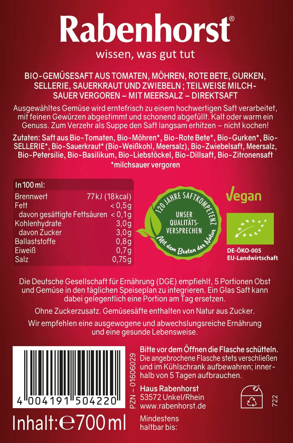 RABENHORST (6 X 700ml) – Hochwertiger Gemüsesaft aus verschiedenen Gemüsesorten. Alkoholfreie Getränke von Naty Shop