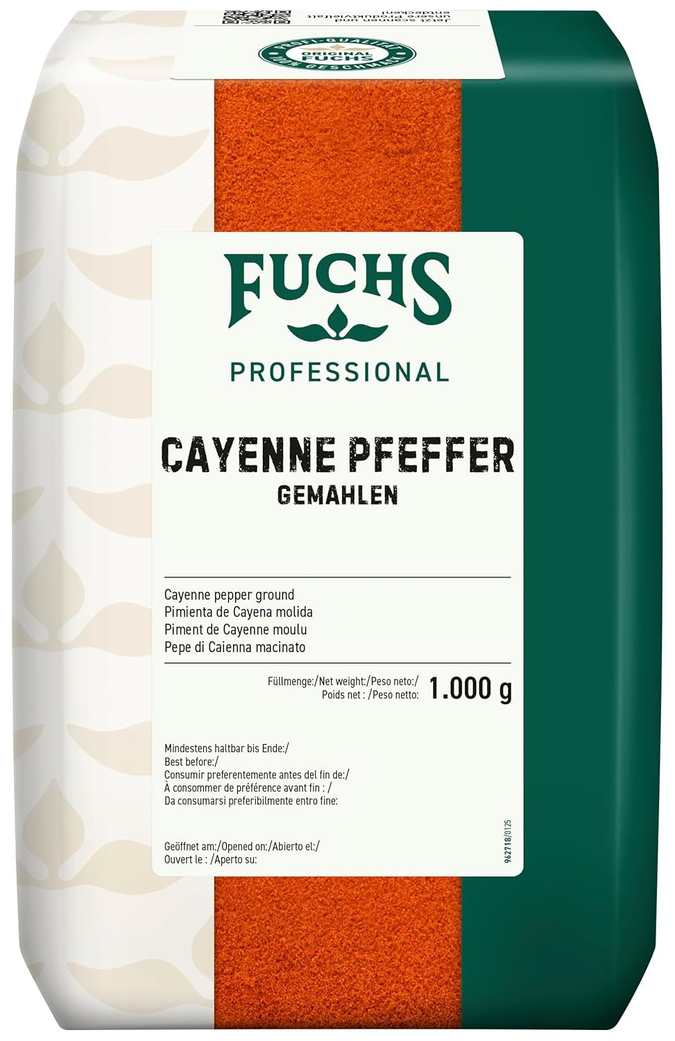 Fuchs Professional - Cayenne Pfeffer gemahlen | Scharfes Gewürz für Chili con Carne | Profi-Qualität für Großverbraucher und Gastronomie | 1 kg im recycelbaren Beutel