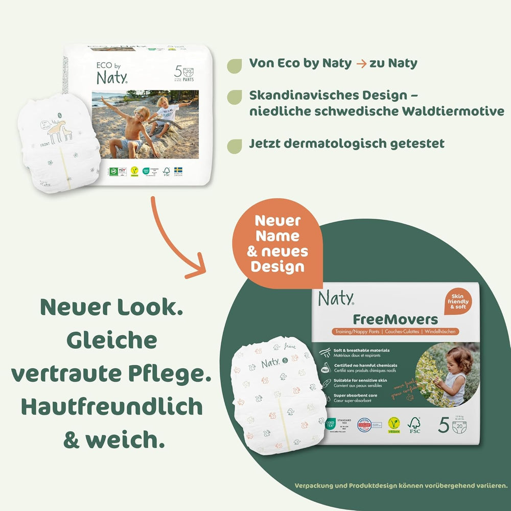 Naty FreeMovers Babywindeln | Zertifizierte hautfreundliche Windelüberhosen | Weich und parfümfrei | Saugfähig und auslaufsicher | Dermatologisch getestet Größe 5 (12–18 kg) | 80 Stück