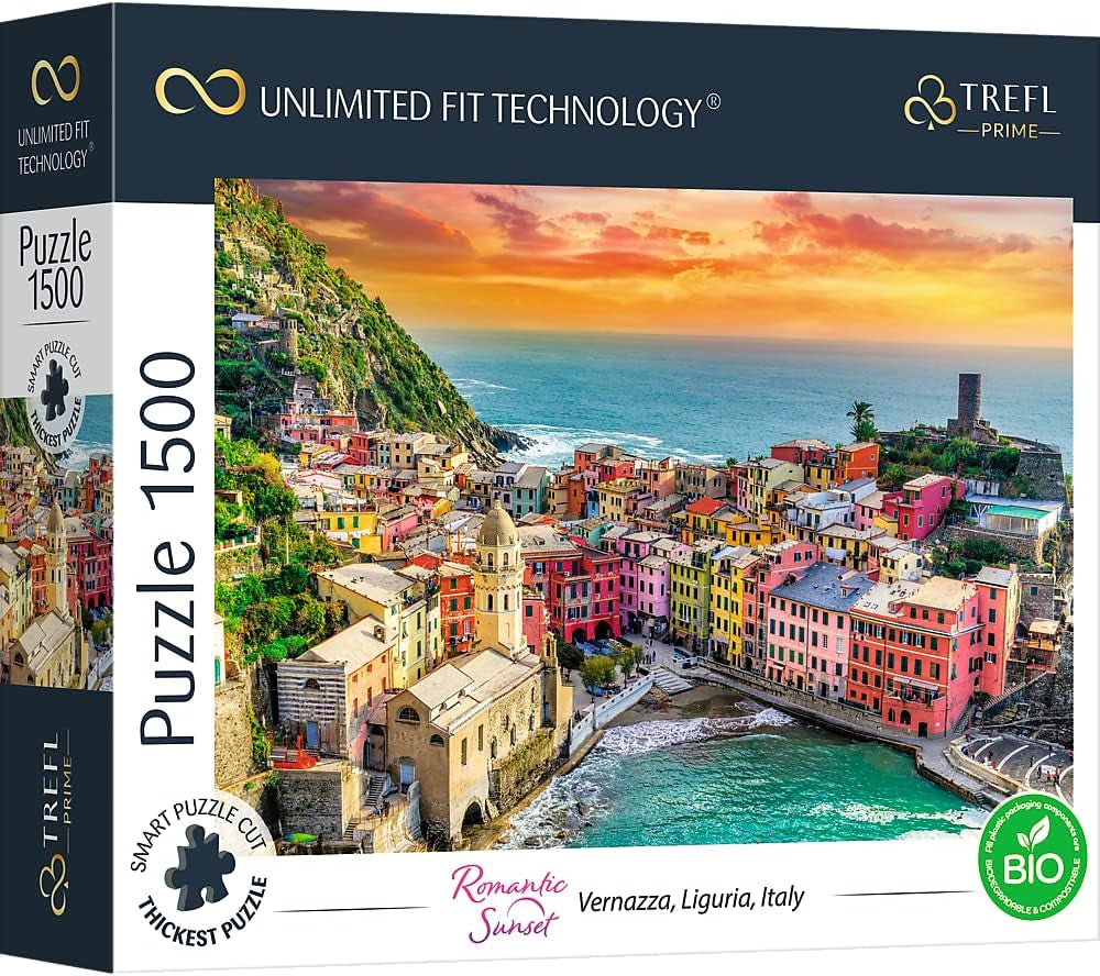 Trefl 26196 1500 elemente, carton cel mai gros, organic, ECO, Italia, apus de soare, divertisment pentru adulți și copii de la 12 ani, Uft-Puzzle Romantic Sunset: Vernazza, Liguria, Italia Puzzle Naty Shop Uft - Puzzle Apus de soare romantic: Vernazza, Liguria, Italia 1500