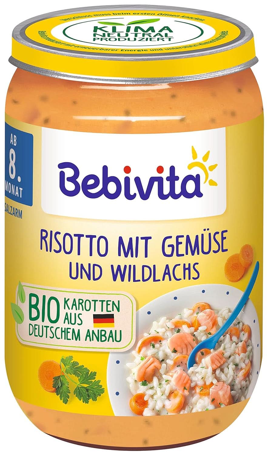Menüs ab 8 Monaten Spaghetti Bolognese, 6er-Pack (6 x 220 Gramm), mittelgroß Mutter und Kind Naty Shop Mittelgroßes Risotto mit Gemüse und Wildlachs