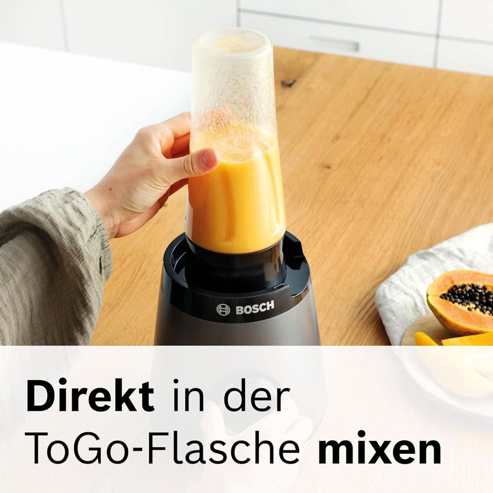 Bosch Standmixer Vitapower Serie 4 MMB6174SN, Verbesserte Version, Hochwertige Edelstahl-Klingen, 1.5L Glasbehälter, 0.6L To-Go-Flasche, Spülmaschinenfeste Teile, 30.000 U/Min, 1200 W, Silver Kitchen Naty Shop