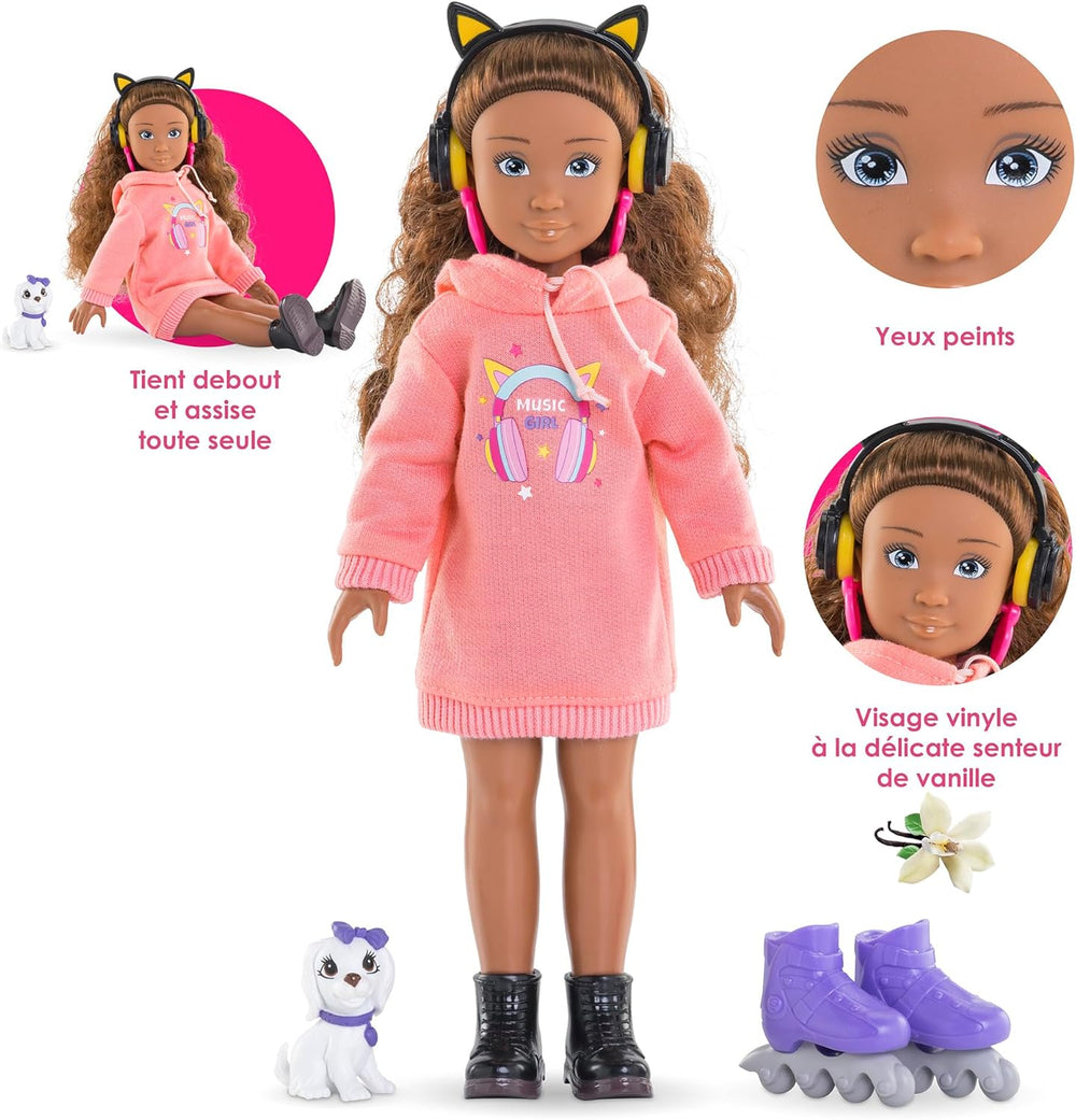 Corolle Girls Melody Music und Fashion Set, Knöchelpuppe im coolen Hoodiekleid mit Hund, trendige Kopfhörer, Ohrringe und extra Inlineskates, Vanilleduft, 28cm, ab 4 Jahre