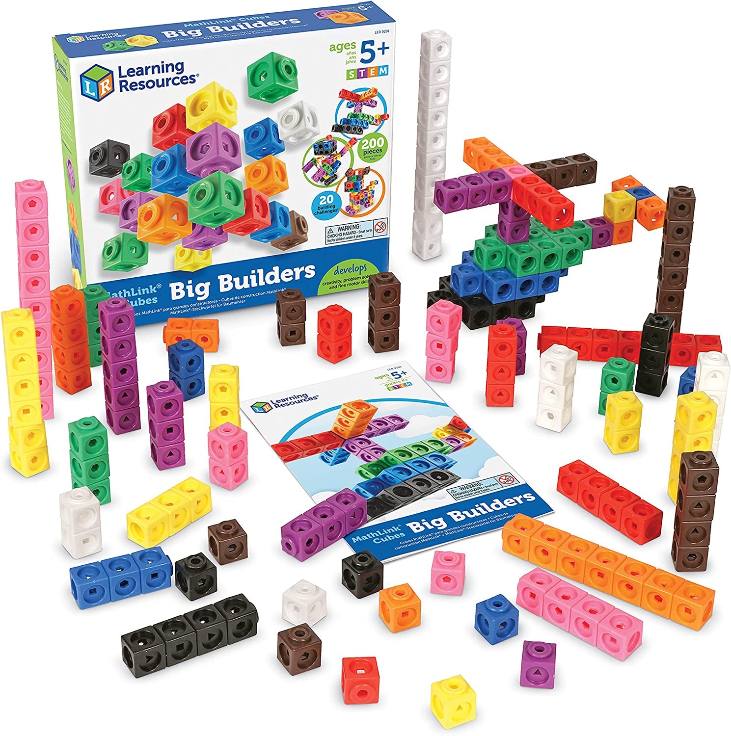Learning Resources MathLink Steckwürfel Big Builders for Baumeister, ab 5 Jahren, Konstruktionsspielzeug für frühes Mint-Lernen, 200 Teile