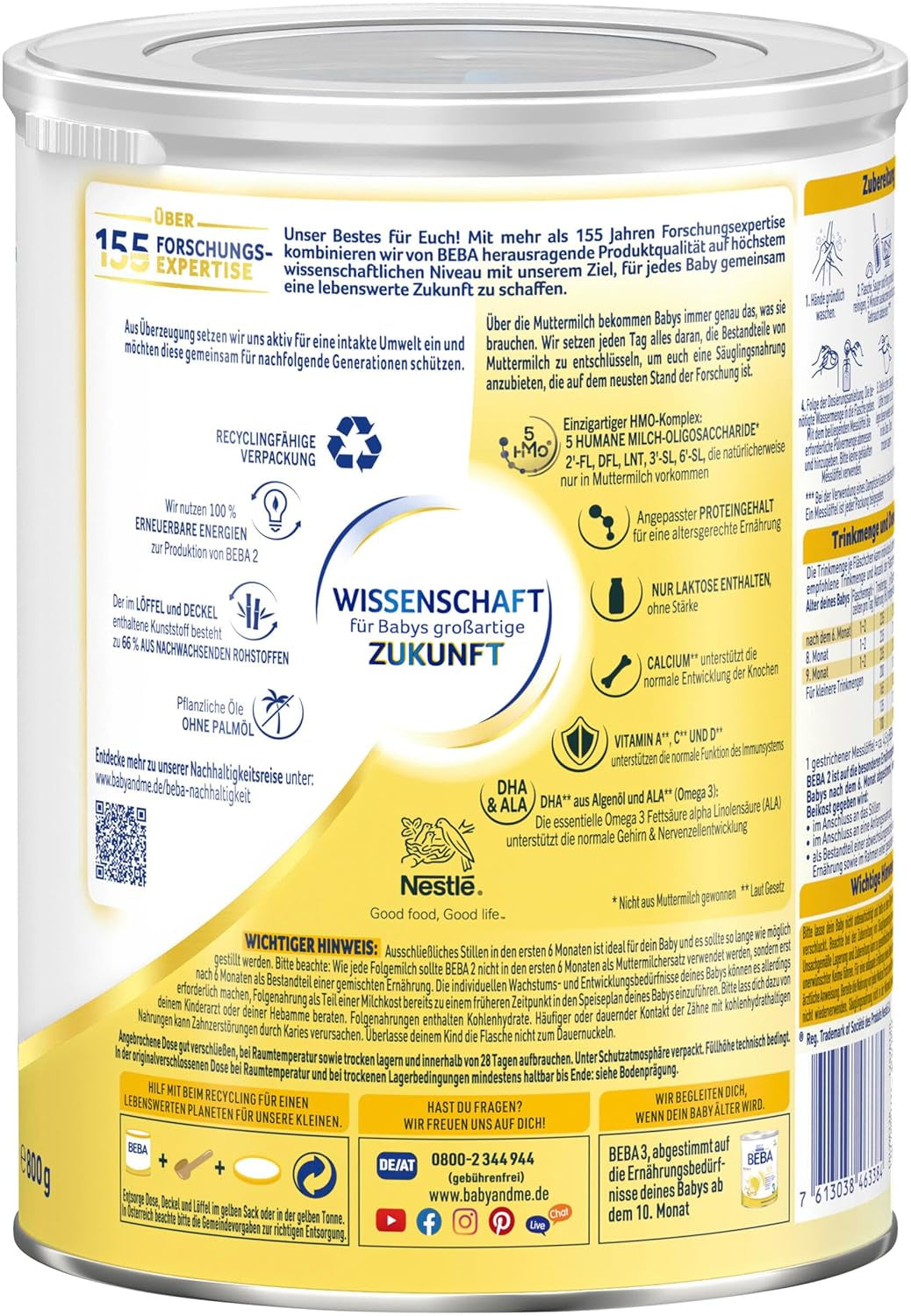 BEBA 2 - Folgemilch nach 6 Monaten, mit 5 HMO-Komplex, altersgerechter Proteingehalt, laktosefrei, palmölfrei, fischölfrei, Babynahrung, Babymilchpulver, 3er Pack (3 x 800g)