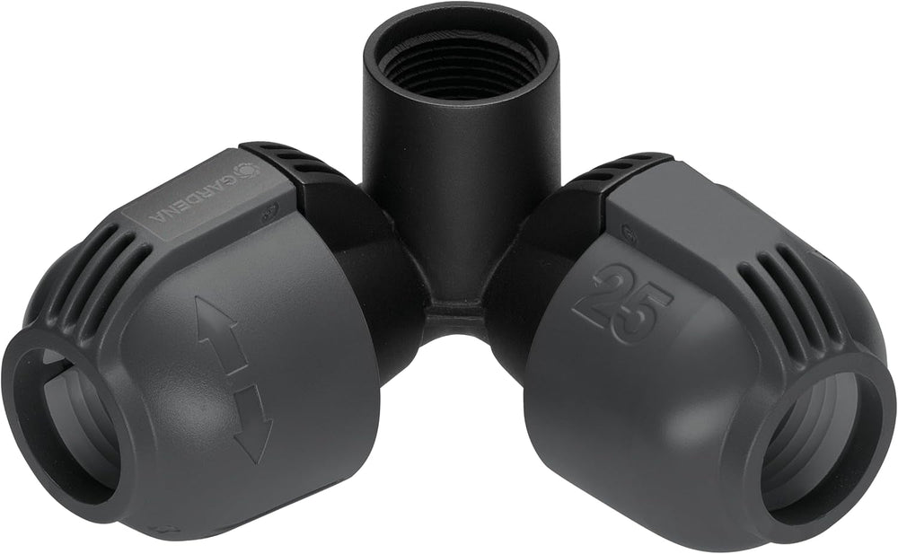 Sistem de irigații Gardena, piesă în L: Conector pentru schimbarea direcției conductei de alimentare, 25 mm, tehnologie de conectare Quick&Easy, compatibil cu conductele de alimentare Gardena de 25 mm, asamblare fără unelte (2773-20)
