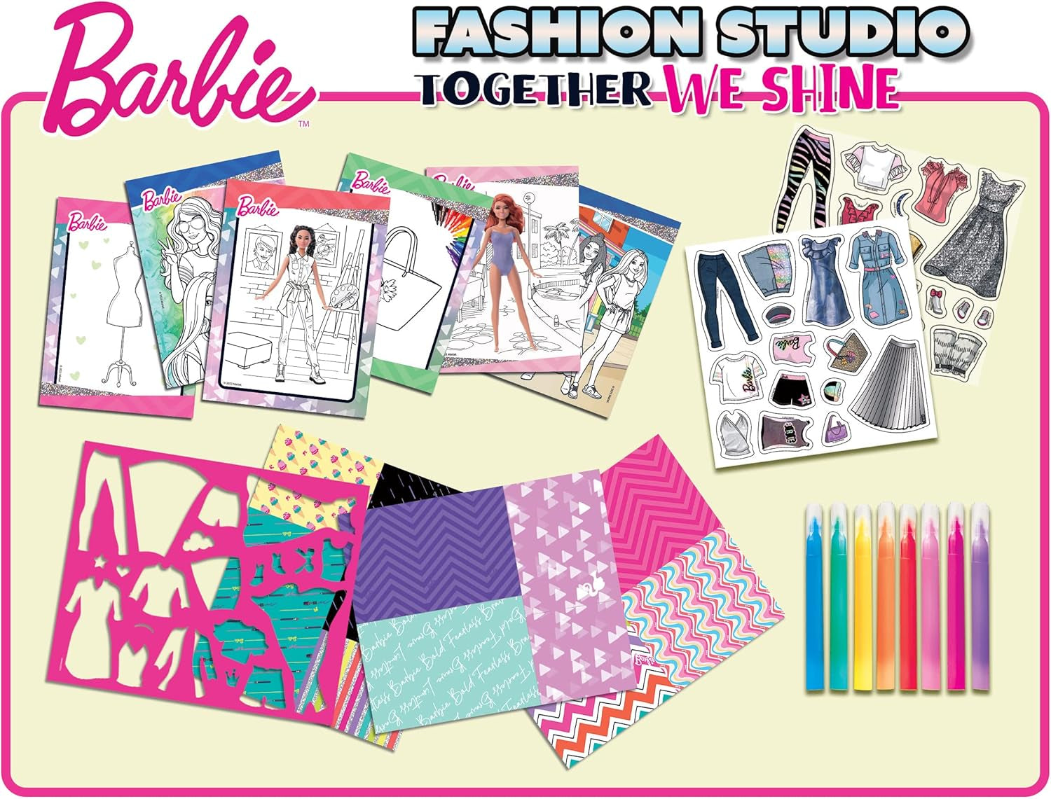 Lisciani – BARBIE – Skizzenbuch Set Wir Glänzen – Modestudio – Models zum Anziehen – Kreatives Spiel – Supermodische Kleidung – Farbmarker – Für Mädchen ab 4 Jahren