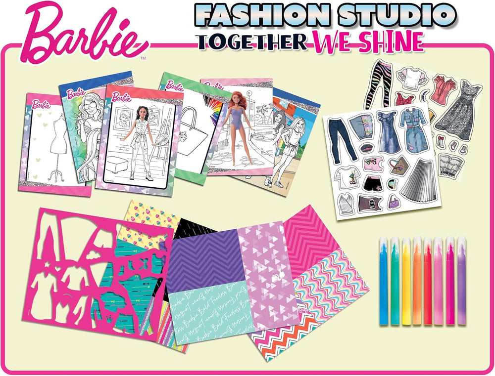 Lisciani – BARBIE – Skizzenbuch Set Wir Glänzen – Modestudio – Models zum Anziehen – Kreatives Spiel – Supermodische Kleidung – Farbmarker – Für Mädchen ab 4 Jahren