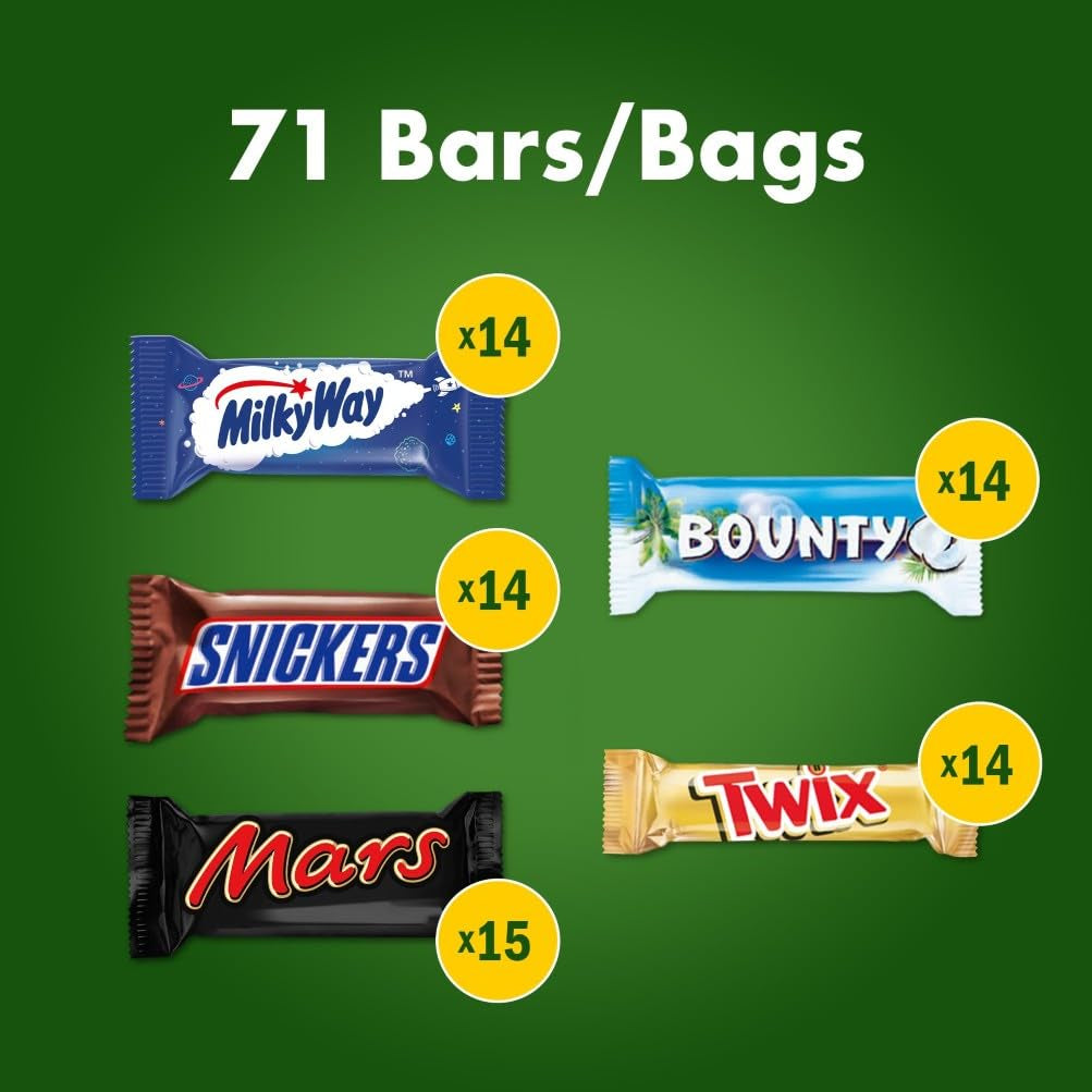 Mini-Schokoladen-Mischpackung, 71 Mini-Schokoladensnacks (Mars, Snickers, Bounty, Twix, Milky Way) in Form von Süßigkeiten, ideal für einen American-Football-Abend (1400g)