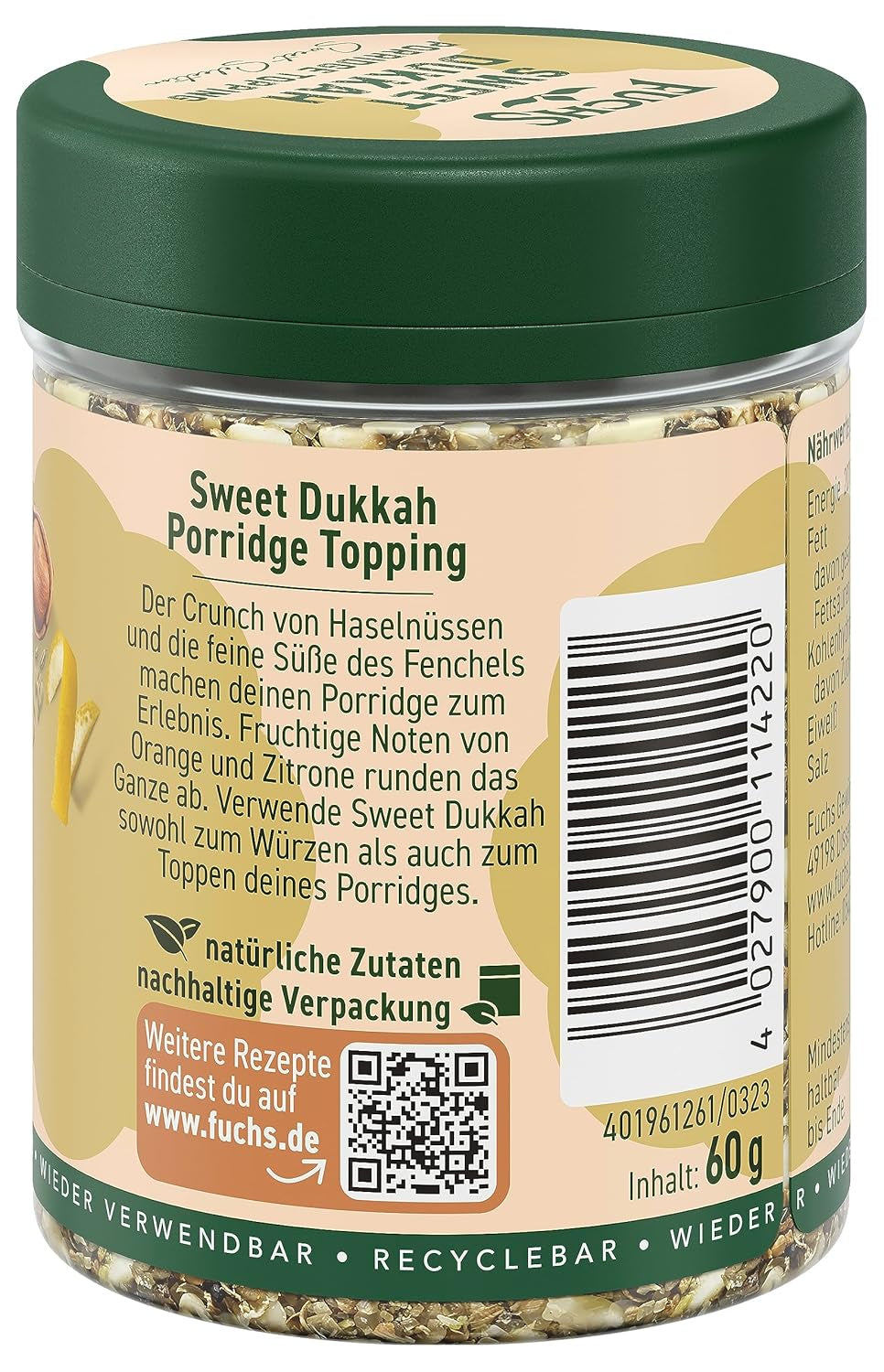 Fuchs Gewürze - Porridge Topping „Sweet Dukkah“ – knuspriges Topping mit Haselnuss, Sesam und Mandeln für Haferflocken – aus natürlichen Zutaten – 60 g in wiederverwendbarer, recyclebarer Dose