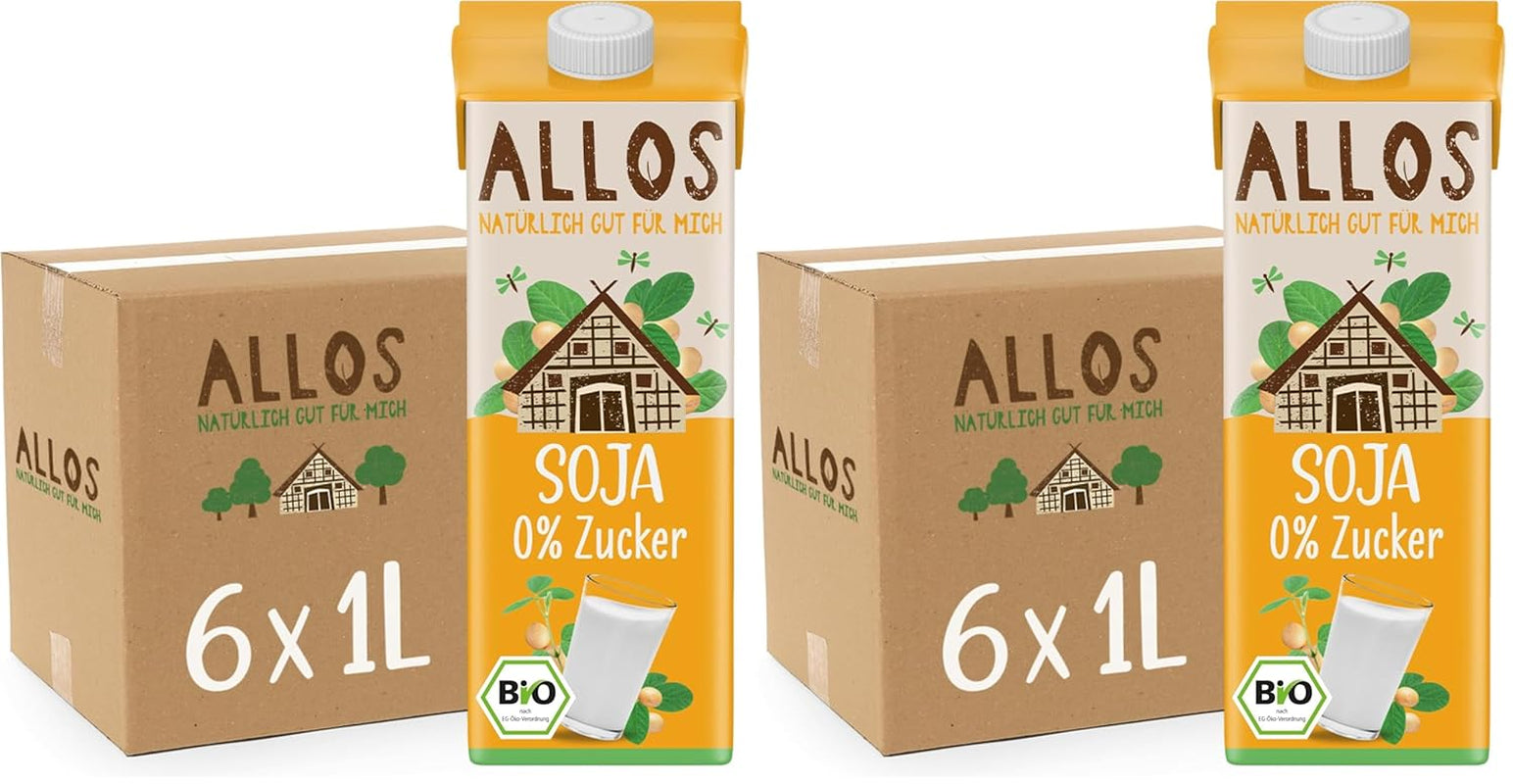 Allos Bio Sojadrink ohne Zucker | Milchalternative aus Soja | Sojagetränk | Getränk auf Pflanzenbasis | veganes Getränk | ohne zugesetzten Zucker | vegan | laktosefrei | 1 Liter (6 Stück)