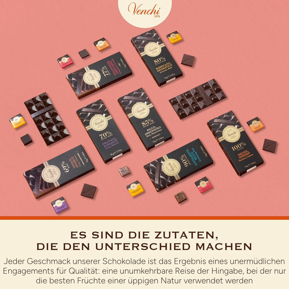 Venchi – Zartbitterschokolade 70 %, 78 g – Mit ausgewählten Kakaomischungen – Glutenfrei – Vegan