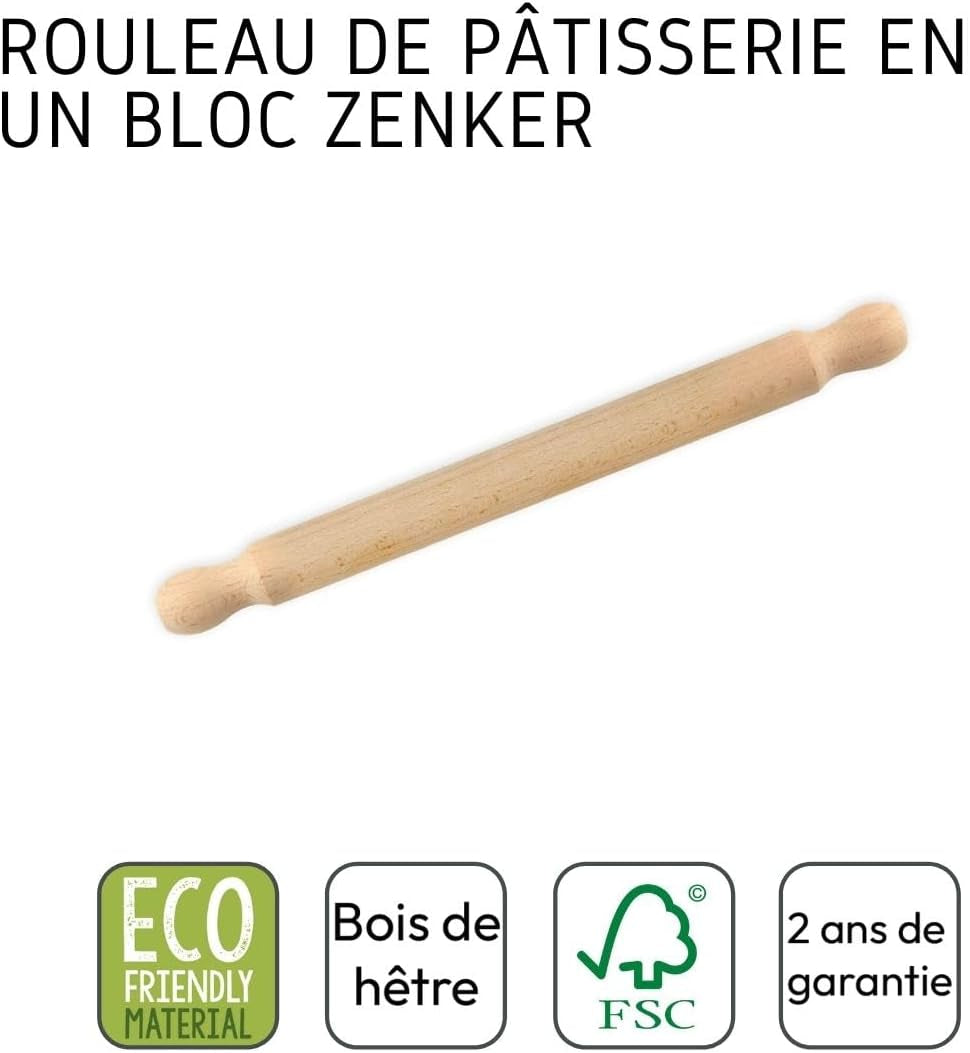 Zenker Rollholz aus Buchenholz, 350 x 30 x 30 mm – Perfekt für Teige und Fondant, FSC-zertifiziert, mit praktischer Manschette, Braun