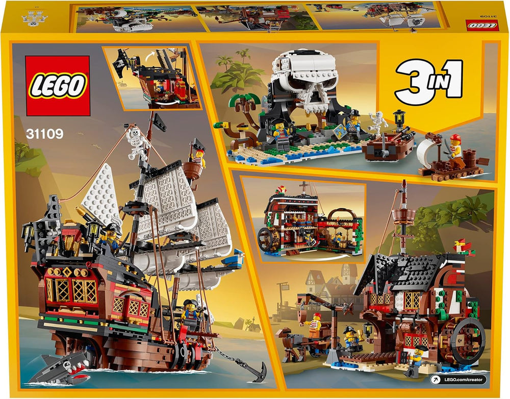 LEGO Creator 3-in-1-Piratenschiff-Set, Spielzeug mit 3 Bauoptionen, Baue eine Piraten-Taverne oder eine Totenkopf-Pirateninsel, enthält 3 Rollenspiel-Abenteuer-Minifiguren 31109 Bausätze Besuchen Sie den LEGO-Store