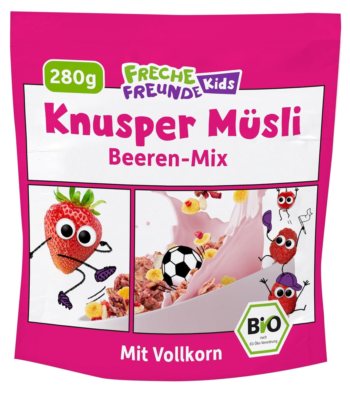 FRECHE FREUNDE Muesli organic pentru micul dejun, mix crocant de muesli cu fructe de pădure Edda's, pentru școlari, cu căpșuni liofilizate, vegan, pachet de 6 (6 x 280g)