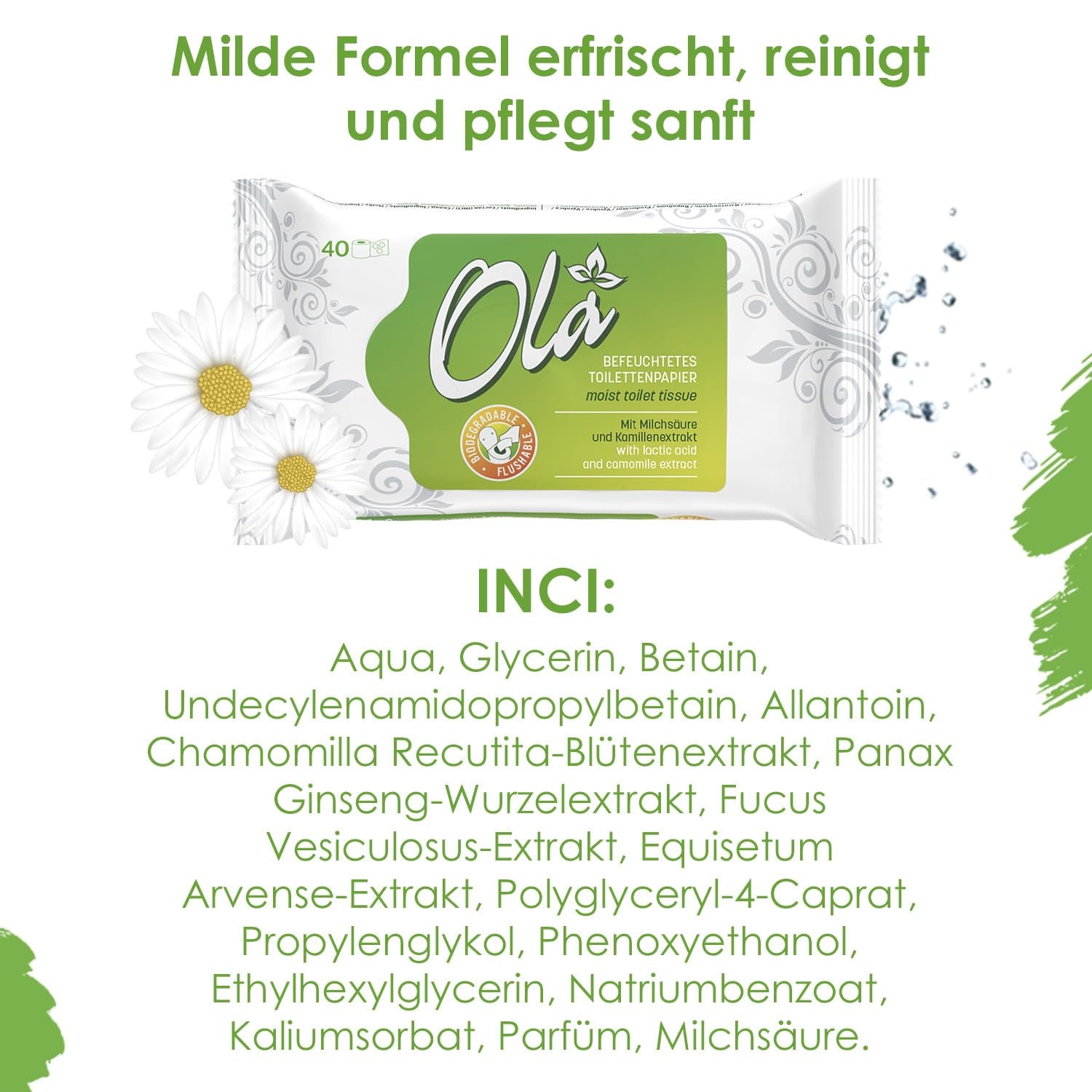OLA hârtie igienică umedă - (1X40 bucăți) Șervețele umede - extract de mușețel și acid lactic, spălabile, piele sensibilă - 40 bucăți