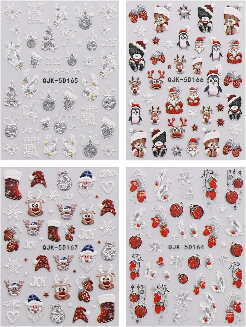 JMEOWIO 3D Nagelsticker Weihnachten Glitzer Nail Art Sticker Selbstklebend Nagelaufkleber 5D Stereoskopisch Schneeflocke Winterurlaub Süß Dekoration Nageldesign Zubehör 4 Blatt