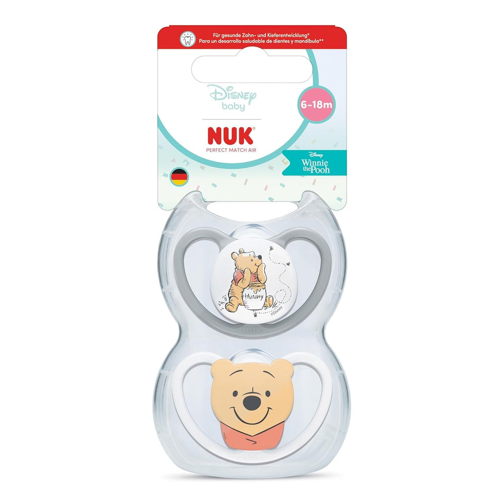 Suzete NUK Perfect Match Air pentru bebeluși | 6-18 luni | Suzete ortodontice care promovează circulația aerului și previn erupțiile cutanate cauzate de salivație | Acceptare 95% de către bebeluși** | Disney Winnie the Pooh | Pachet de 2