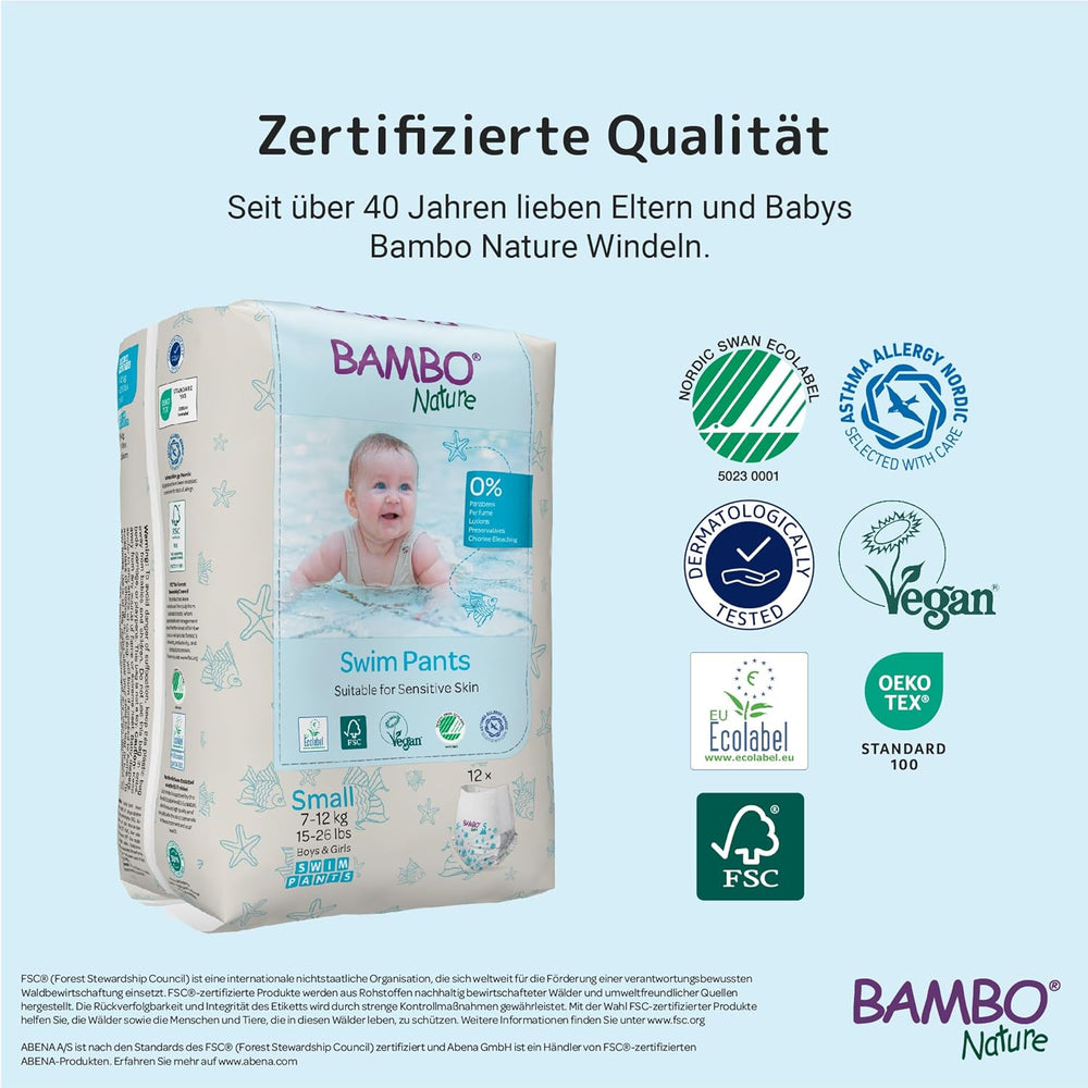 Bambo Nature Baby-Schwimmwindeln, Größe S (7–12 kg), 12 Windeln | Einweg-Schwimmwindeln mit sicherer Passform | Wasserdichter Komfort beim Wasserspiel
