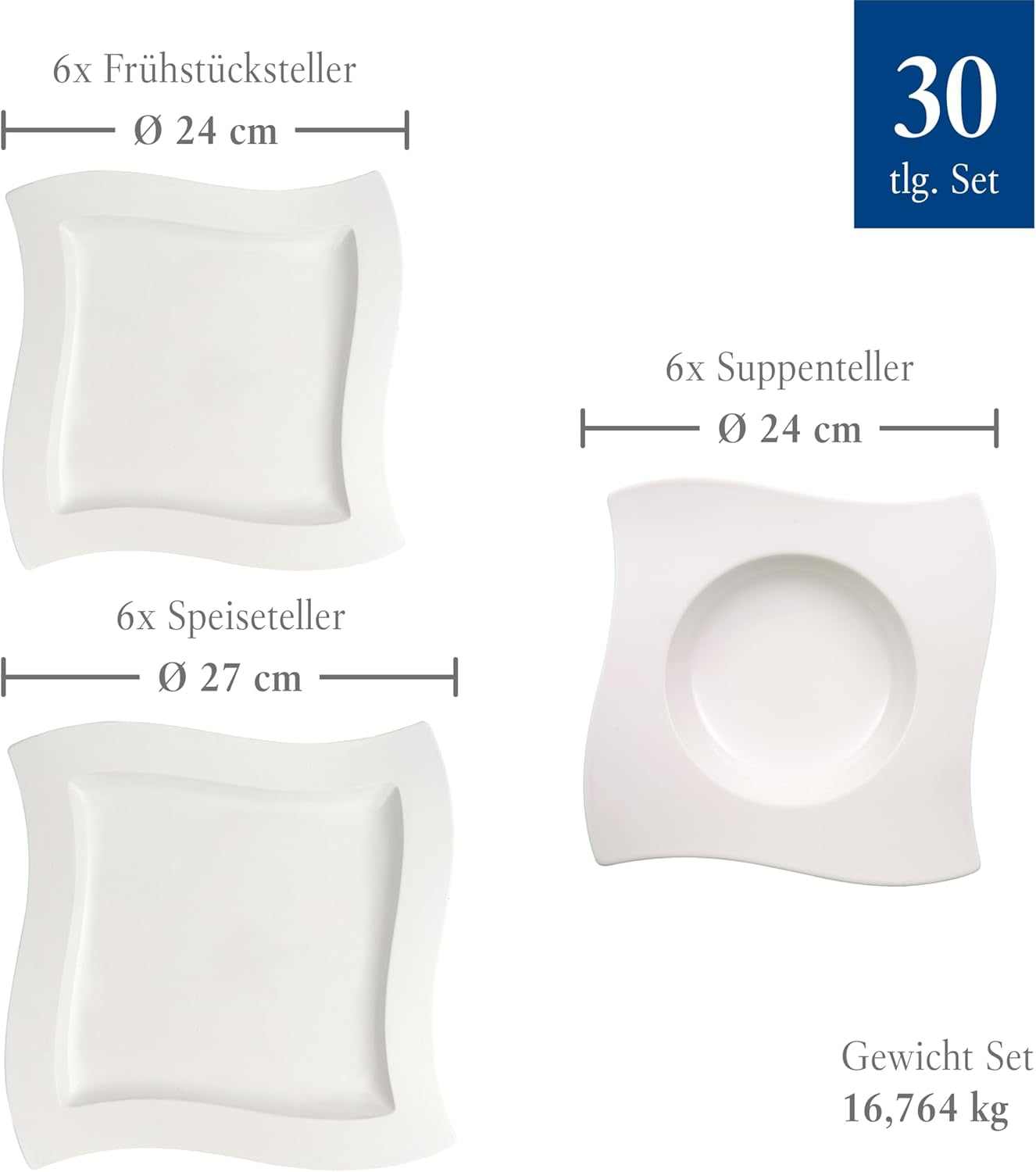 Villeroy & Boch – Newwave Basic Tafelservice 30 Teilig, Geschirr Set Für 6 Personen, Spülmaschinenfest, Geschirrset, Service, Teller, Tassen, Weiß, Keramik, Premium Porzellan Seturi vesela masa Naty Shop