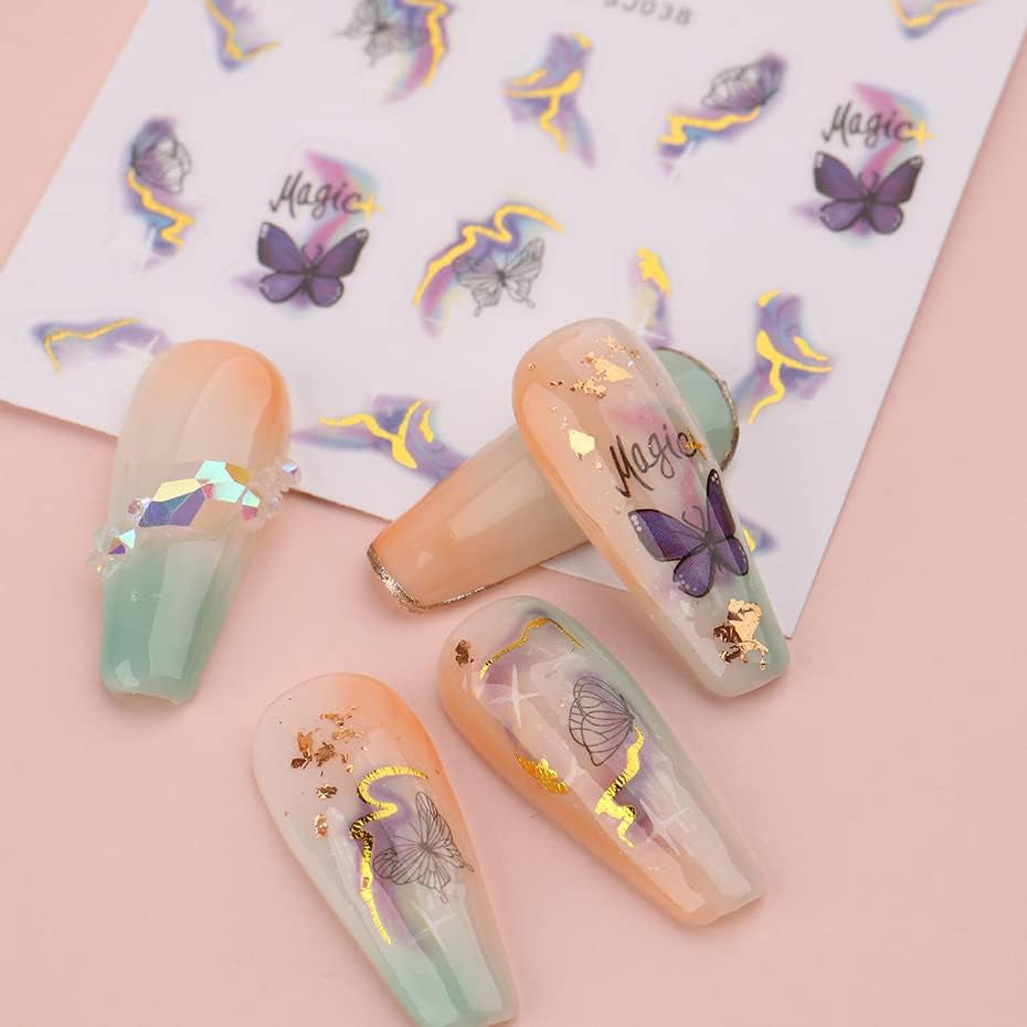 6 Blatt 3D Lila Schmetterling Nagelstickers Selbstklebend Nagelaufkleber Schmetterlinge Nail Sticker Bunte Blühen Marmor Nagel Stickers Regenbogen Welle Linien Nail Art Aufkleber Nageldesign Zubehör