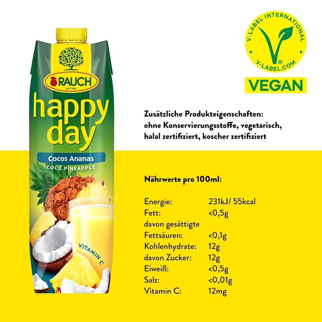 Rauch Happy Day Kokos-Ananas | Eine Reise in die Karibik | Ananasfruchtsaft und Kokoswasser | 6 x 1 Liter, Tetra Prisma Alkoholfreie Getränke Naty Shop