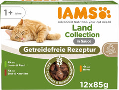 IAMS Delights Land Collection Hrană umedă pentru pisici fără cereale - Pachet multiplu cu varietăți de carne în sos, hrană umedă fără cereale pentru pisici de la 1 an, 12 x 85 g