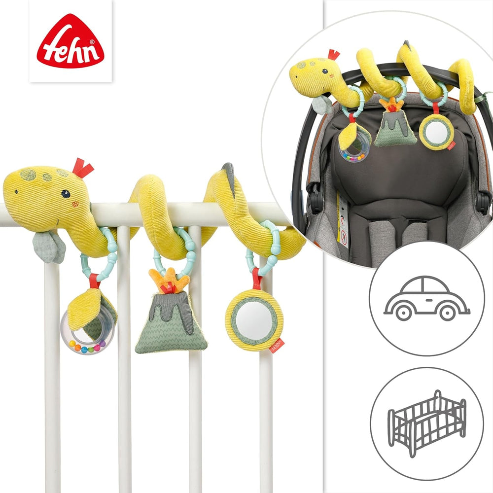 Fehn Activity Spiral Dino - jucărie de cărucior pentru pipăit și prindere - jucărie dinozaur pentru copii pentru pat, loc de joacă, cărucior pentru sugari și scaun auto - jucărie de activitate motorie pentru bebeluși și copii mici de la 0+ luni Jucarii Bebe Naty Shop