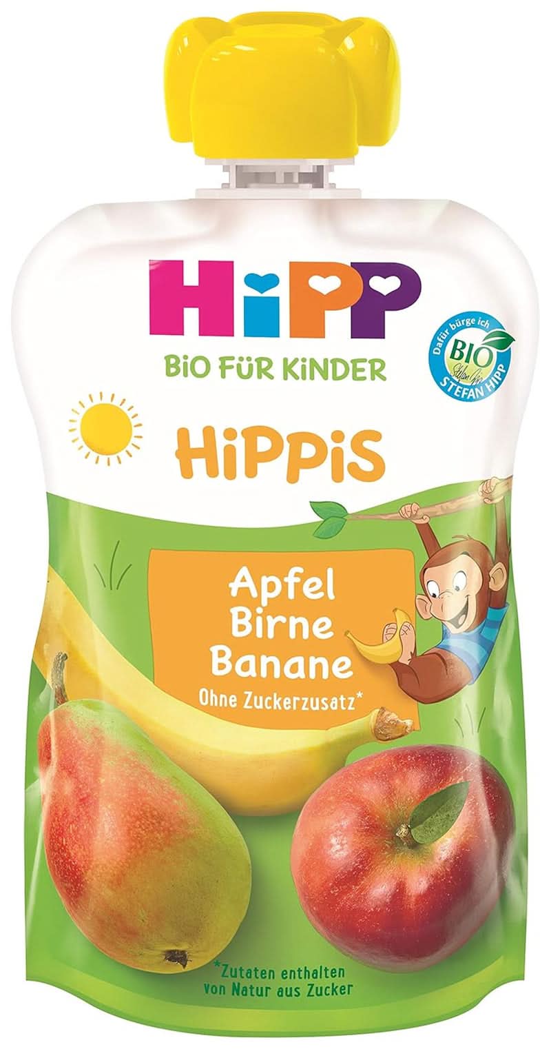 Hipp Super-Hippis Quetschbeutel, Granatapfel-Acerola in Apfel-Himbeere, 100 % Bio-Früchte ohne Zuckerzusatz, 6 Beutel à 100 g Mutter und Kind Naty Shop 6 x 100 Gramm Apfel-Birne-Banane